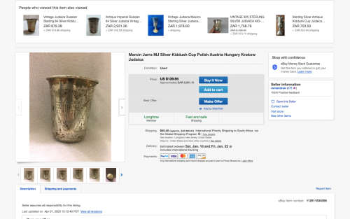 POLISH HALLMARKED 800 SILVER KIDDUSH CUP BY MARCIN JARRA - KRACOW MARKED - c1867 - 15.24g