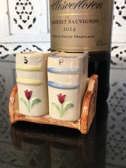Unique Vintage Raised Relief Porcelain  Salt and Pepper Books and Bookcase