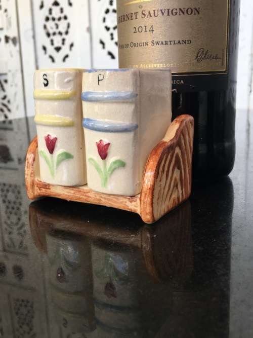 Unique Vintage Raised Relief Porcelain  Salt and Pepper Books and Bookcase