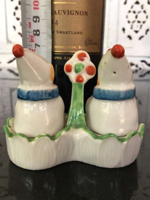 Unique Vintage Raised Relief Porcelain  Salt and Pepper Basket
