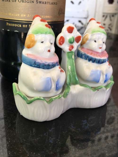 Unique Vintage Raised Relief Porcelain  Salt and Pepper Basket