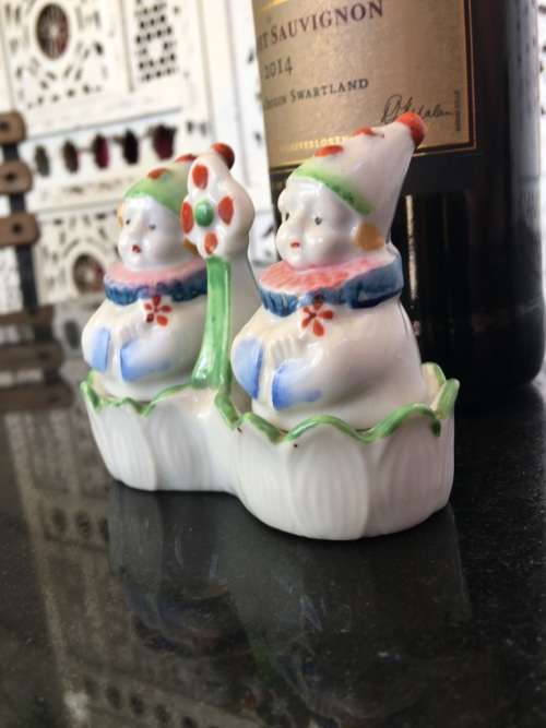 Unique Vintage Raised Relief Porcelain  Salt and Pepper Basket