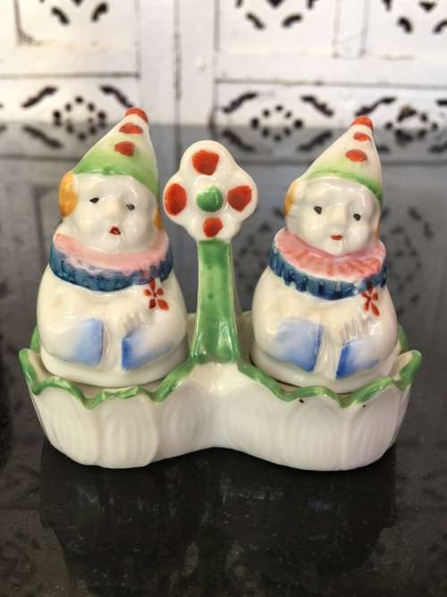 Unique Vintage Raised Relief Porcelain  Salt and Pepper Basket