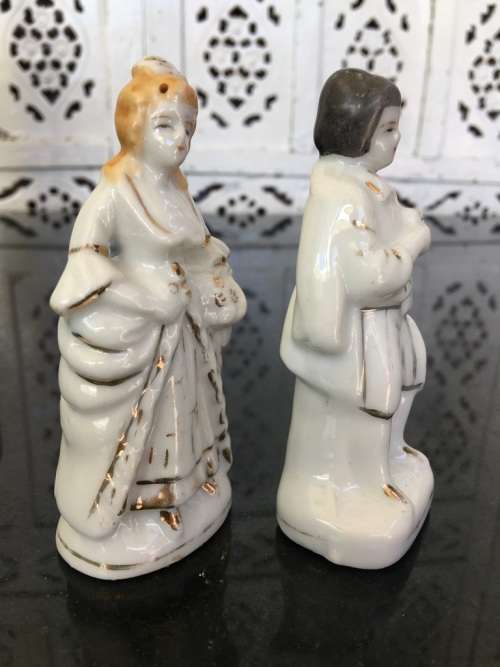 Unique Vintage Raised Relief Porcelain Salt and Pepper Victorian French Figurines