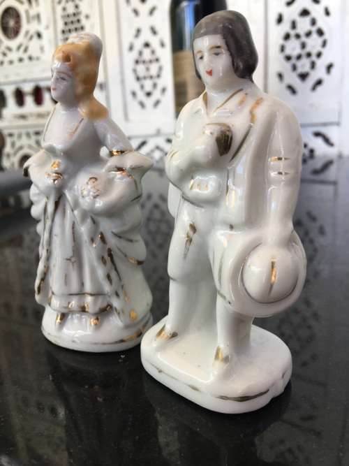 Unique Vintage Raised Relief Porcelain Salt and Pepper Victorian French Figurines