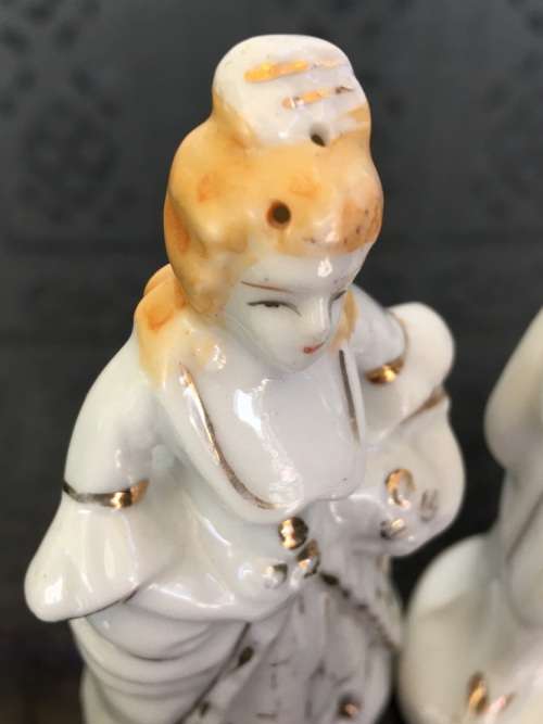 Unique Vintage Raised Relief Porcelain Salt and Pepper Victorian French Figurines