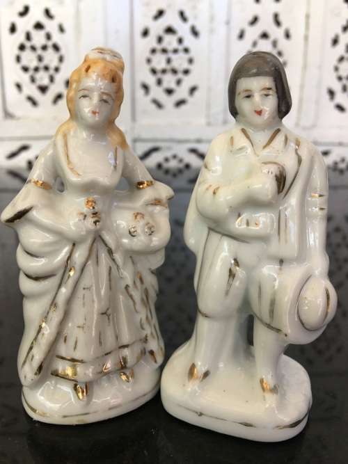 Unique Vintage Raised Relief Porcelain Salt and Pepper Victorian French Figurines