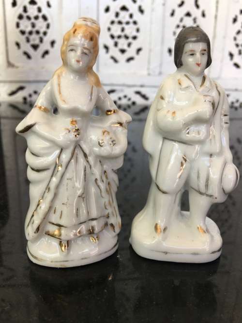 Unique Vintage Raised Relief Porcelain Salt and Pepper Victorian French Figurines