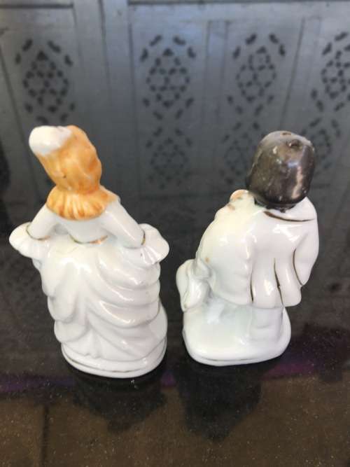 Unique Vintage Raised Relief Porcelain Salt and Pepper Victorian French Figurines