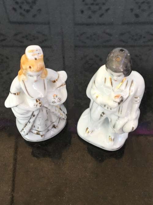 Unique Vintage Raised Relief Porcelain Salt and Pepper Victorian French Figurines