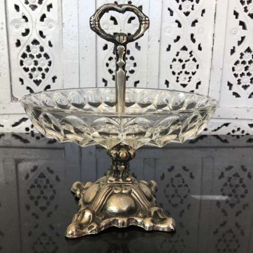 Large Vintage Japan Stamped Art Glass and Metal Compote, Detachable.