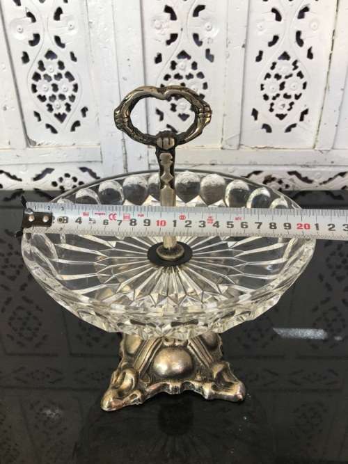 Large Vintage Japan Stamped Art Glass and Metal Compote, Detachable.