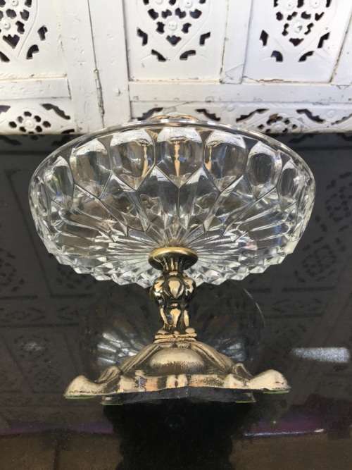 Large Vintage Japan Stamped Art Glass and Metal Compote, Detachable.
