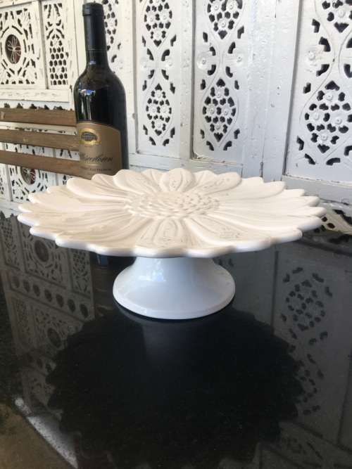 Large White Enamel Porcelain Sunflower Raised Relief Footed Cake Stand/Compote