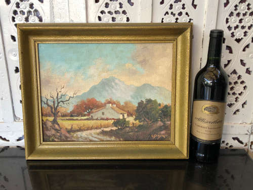 INVESTMENT ART !!! CARLO SDOYA (1914 - 1996) FRAMED OIL ON BOARD - FARMHOUSE c1952
