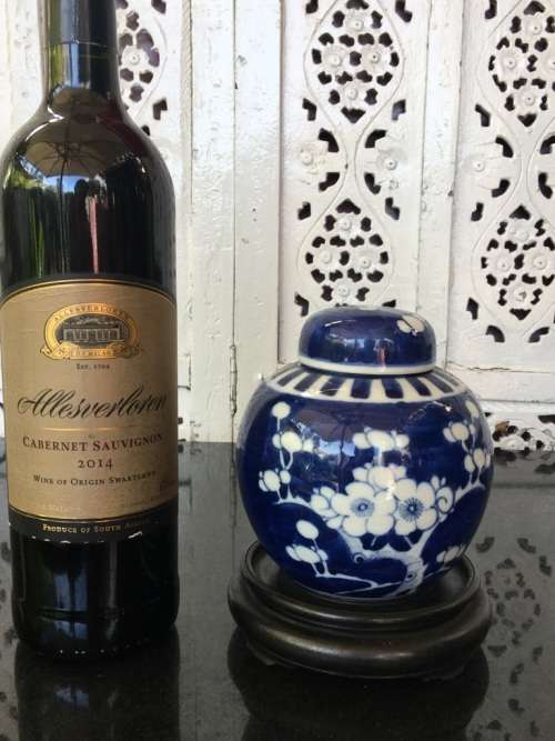 Chinese Prunus Ginger Jar on Carved Wood Stand, Hand Painted Under Glaze Kangxi Double Blue Ring