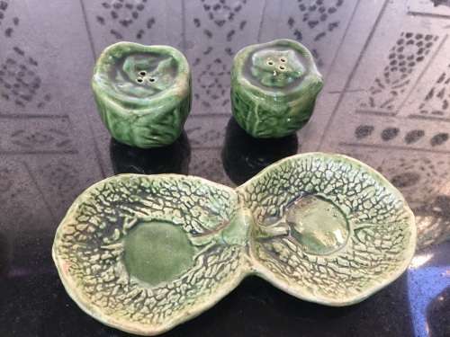 Unique Vintage Raised Relief Porcelain  Salt and Pepper Cabbage and tray
