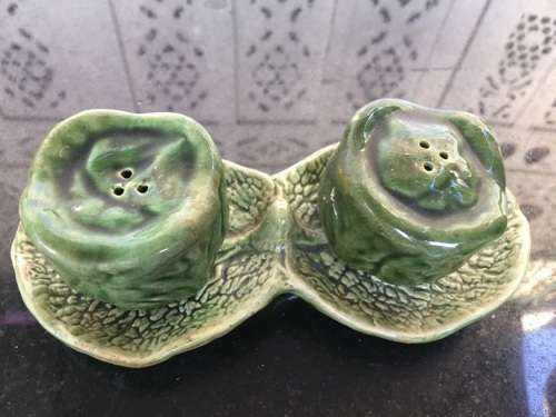 Unique Vintage Raised Relief Porcelain  Salt and Pepper Cabbage and tray