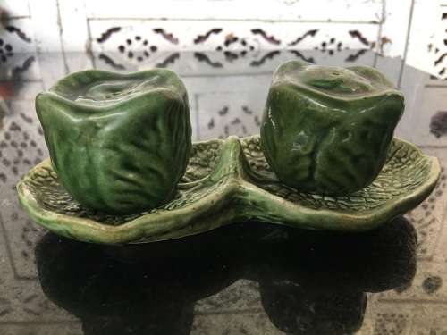Unique Vintage Raised Relief Porcelain  Salt and Pepper Cabbage and tray