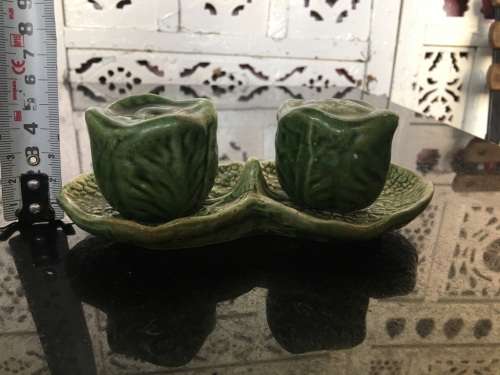 Unique Vintage Raised Relief Porcelain  Salt and Pepper Cabbage and tray