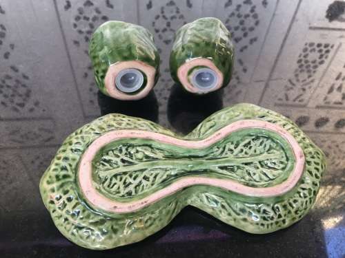 Unique Vintage Raised Relief Porcelain  Salt and Pepper Cabbage and tray