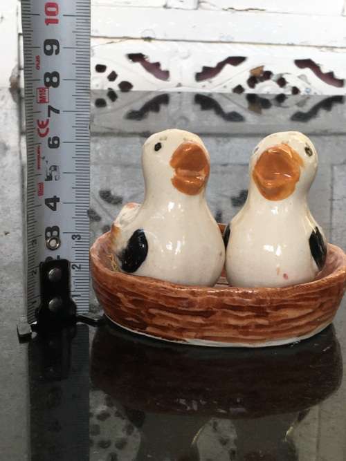 Unique Vintage Raised Relief Porcelain  Salt and Pepper Birds in Nest