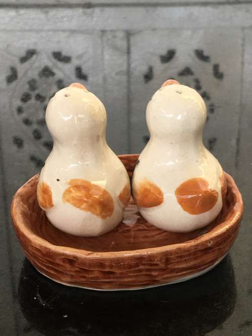 Unique Vintage Raised Relief Porcelain  Salt and Pepper Birds in Nest