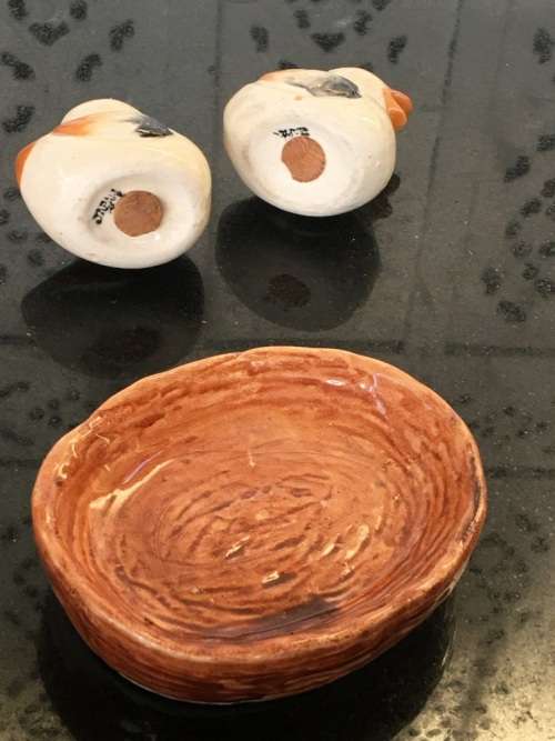 Unique Vintage Raised Relief Porcelain  Salt and Pepper Birds in Nest