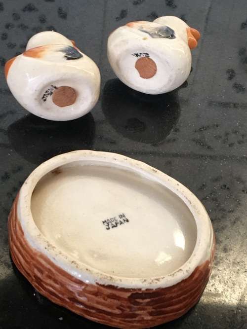 Unique Vintage Raised Relief Porcelain  Salt and Pepper Birds in Nest
