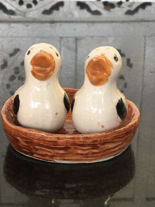 Unique Vintage Raised Relief Porcelain  Salt and Pepper Birds in Nest