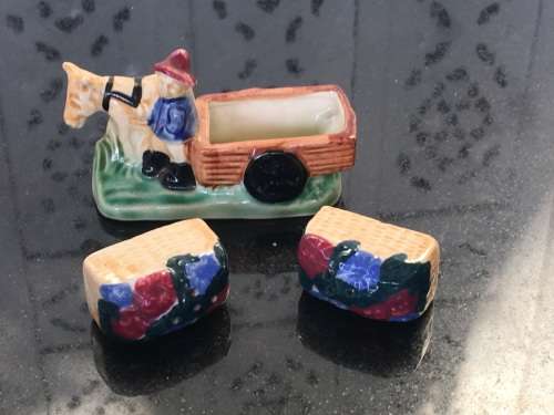Unique Vintage Raised Relief Porcelain  Salt and Pepper Donkey Cart Japan made