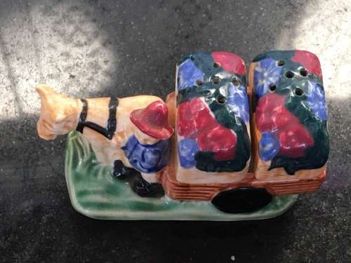 Unique Vintage Raised Relief Porcelain  Salt and Pepper Donkey Cart Japan made