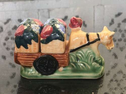 Unique Vintage Raised Relief Porcelain  Salt and Pepper Donkey Cart Japan made