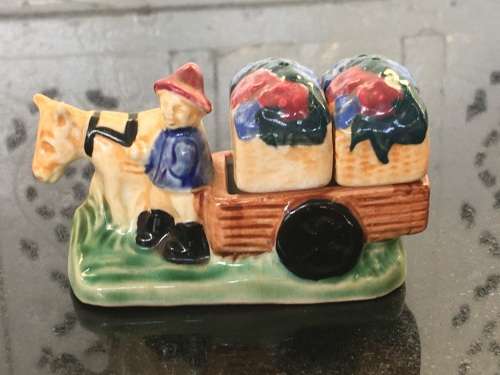 Unique Vintage Raised Relief Porcelain  Salt and Pepper Donkey Cart Japan made