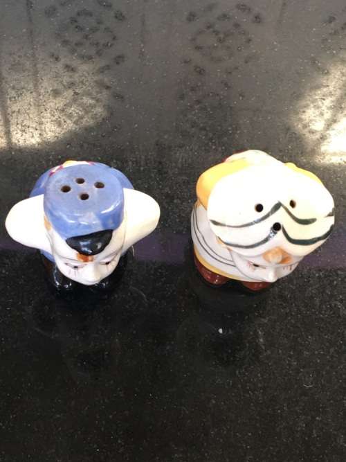 Unique Vintage Raised Relief Porcelain  Salt and Pepper Country Dolls