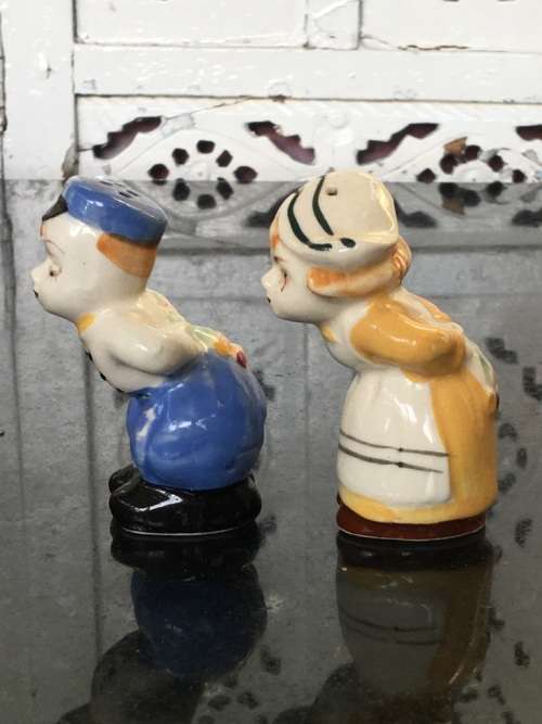 Unique Vintage Raised Relief Porcelain  Salt and Pepper Country Dolls