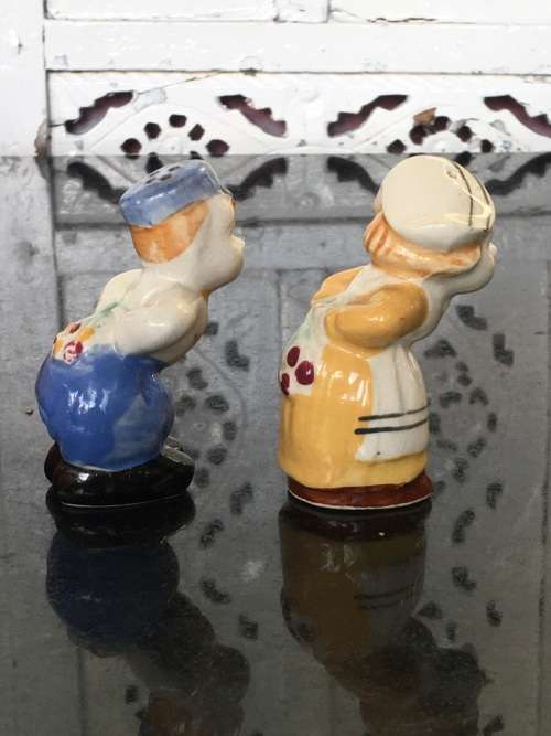 Unique Vintage Raised Relief Porcelain  Salt and Pepper Country Dolls
