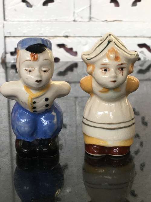 Unique Vintage Raised Relief Porcelain  Salt and Pepper Country Dolls