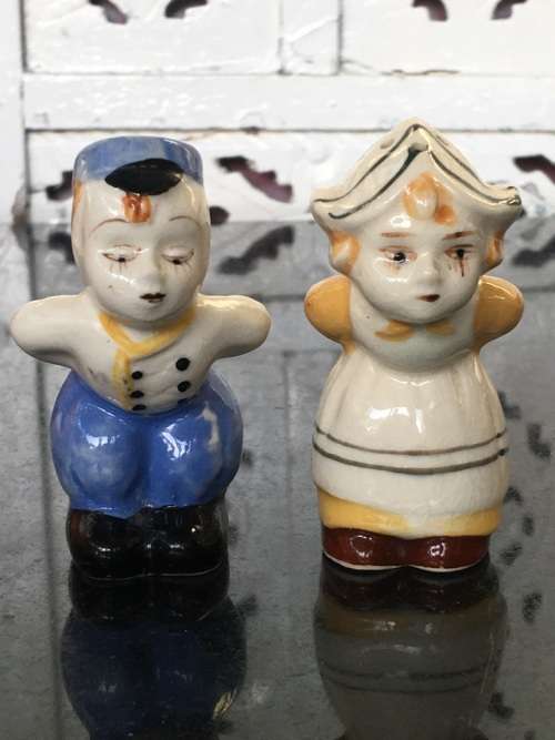 Unique Vintage Raised Relief Porcelain  Salt and Pepper Country Dolls