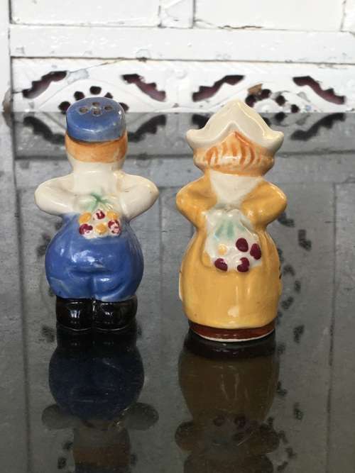 Unique Vintage Raised Relief Porcelain  Salt and Pepper Country Dolls
