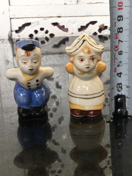 Unique Vintage Raised Relief Porcelain  Salt and Pepper Country Dolls