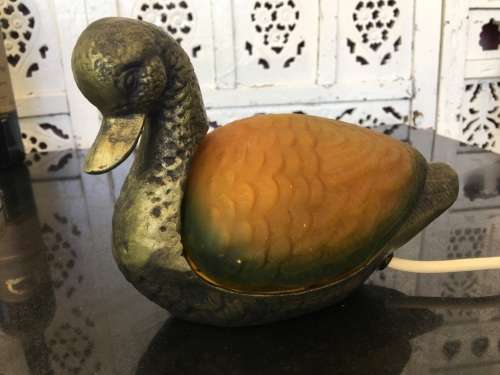 Duck Night Lamp Cast Bronzed Brass with Amber and Green Pressed Glass working 100%