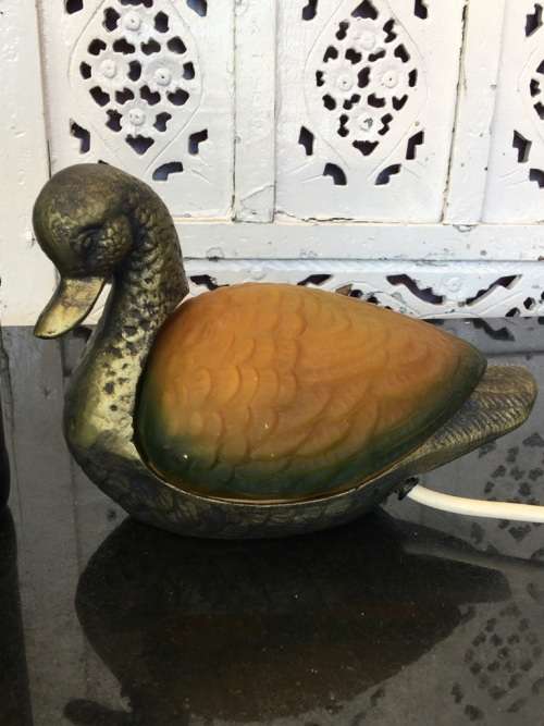 Duck Night Lamp Cast Bronzed Brass with Amber and Green Pressed Glass working 100%