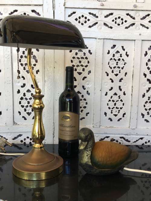Duck Night Lamp Cast Bronzed Brass with Amber and Green Pressed Glass working 100%