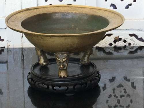 Large Antique Chinese Brass Tripod Burner on Carved Wood Stand