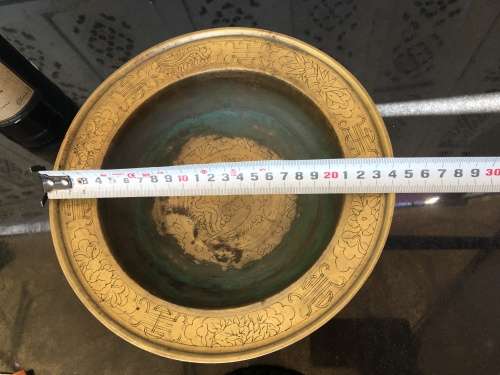 Large Antique Chinese Brass Tripod Burner on Carved Wood Stand