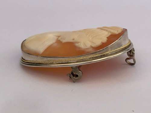 LARGE ANTIQUE VICTORIAN CONTINENTAL 800 SILVER CARVED SHELL CAMEO BROOCH / PENDANT