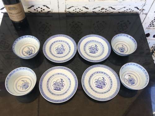 Lot of 8 Piece Vintage Marked Chinese Rice Grain Pattern Blue Hand Painted Bowls and Plates