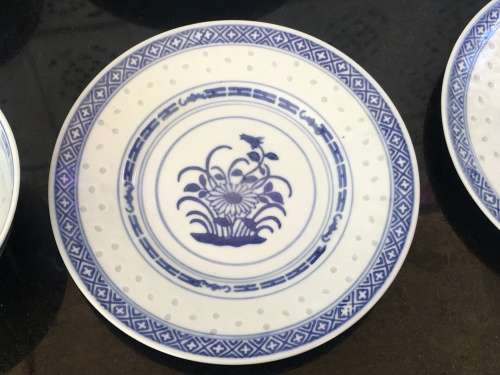 Lot of 8 Piece Vintage Marked Chinese Rice Grain Pattern Blue Hand Painted Bowls and Plates
