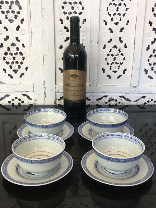 Lot of 8 Piece Vintage Marked Chinese Rice Grain Pattern Blue Hand Painted Bowls and Plates